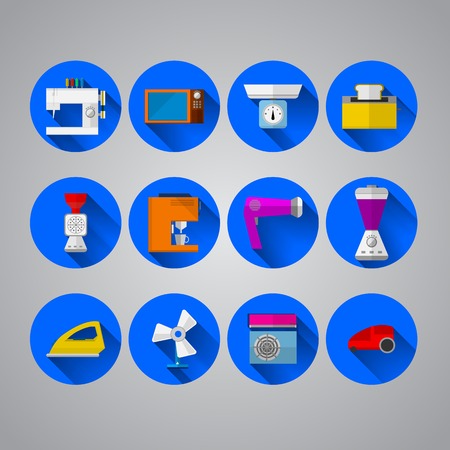 Set of blue circle icons with colored equipment for home on gray background.の写真素材