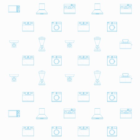 Pattern with blue monochrome contour icons for household equipment on white.のイラスト素材