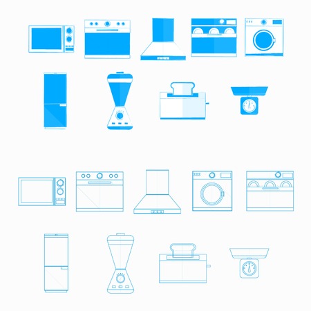 Blue monochrome and contour icons for household equipment on white.のイラスト素材