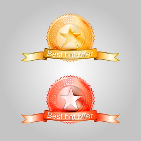Red and gold badges for the best offer. Two vector illustrations isolated on white.のイラスト素材