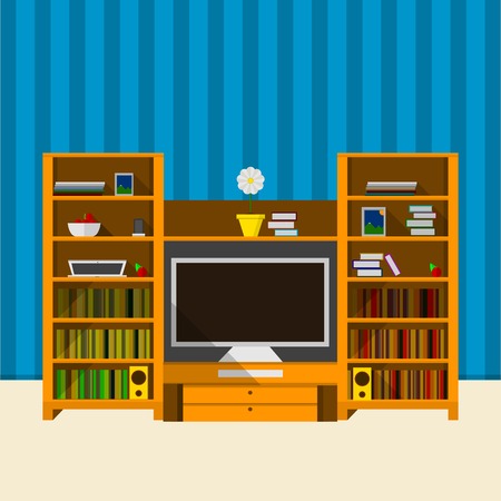 Flat illustration of TV room with blue striped wallpaper, tv-set and two bookshelves.のイラスト素材