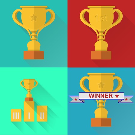 Set of four winner's cups on colored squaresのイラスト素材
