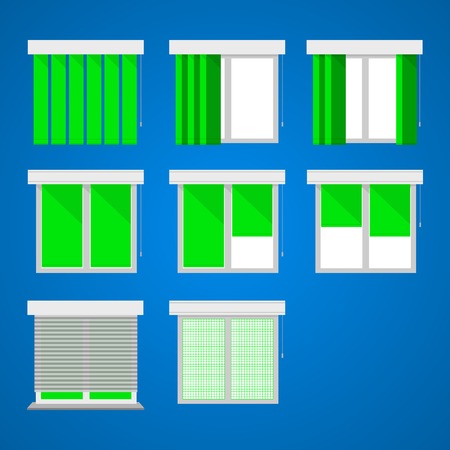 Set of icons for windows with green curtains and louvers on blue.のイラスト素材