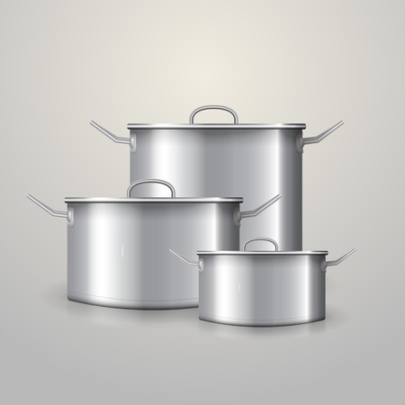 Three aluminum saucepans with flat lids and two handles  Isolated vector illustration on gray のイラスト素材
