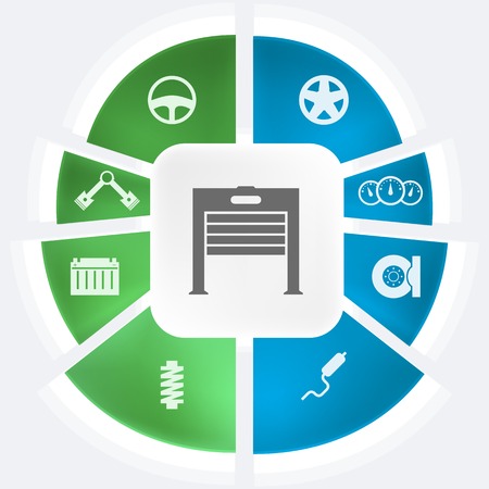 Round infographic with blue and green parts icons for car service  Vector illustration のイラスト素材