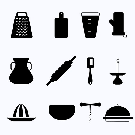 Set of black silhouette vector icons for kitchenware on white のイラスト素材