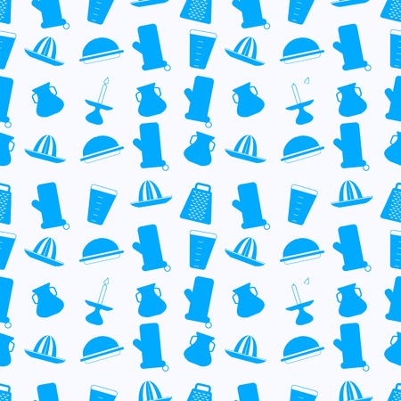 Vector pattern with blue silhouette icons for kitchenware on white background のイラスト素材