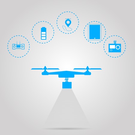Flat vector illustration with circle blue icons for monitoring with quadrocopter on gray background のイラスト素材
