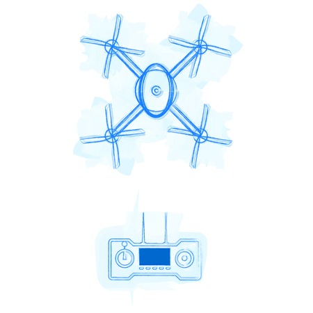 Blue outline quadracopter with remote control on watercolor stains  Isolated vector illustrations on...