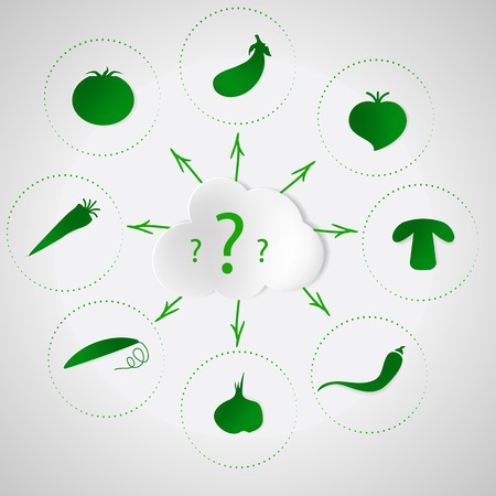 Set of icons with green silhouette vegetables around the cloud with question marks  Flat vector illustration on gray background のイラスト素材
