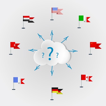Set of icons with flags of the world around the cloud with question marks  Flat vector illustration on gray background のイラスト素材