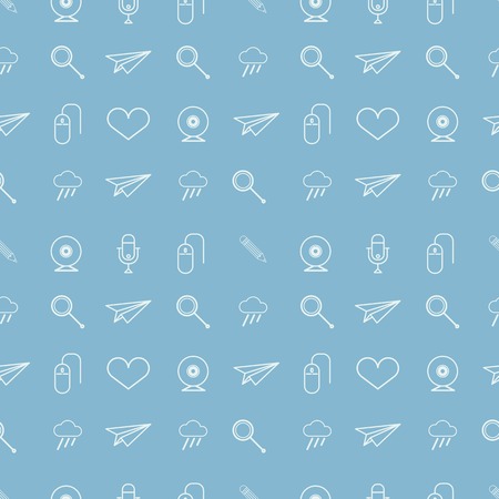 Seamless pattern with white contour symbols for blog on blue background 