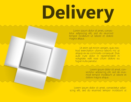 White opened box for delivery gift. Vector illustration on streaky yellow background with word Delivery and place for your text.のイラスト素材