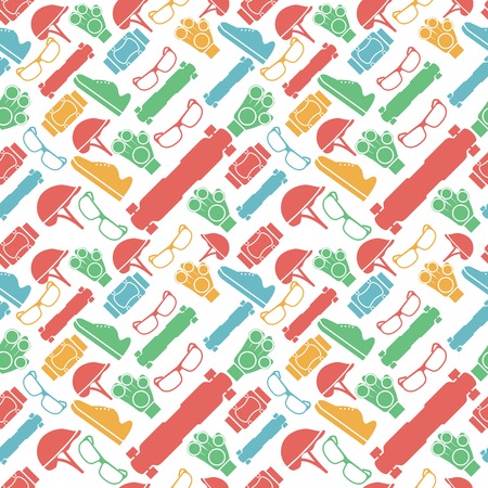 Seamless vector pattern with colored elements of protection for longboarders or other extreme sport on white background.のイラスト素材