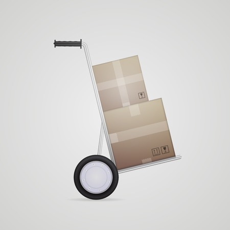 Gray metallic hand truck with two cardboard boxes a side view. Isolated vector illustration on gray.のイラスト素材