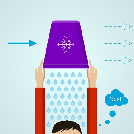 A man pours cold icy water on his head of purple bucket and challenge to next. Flat vector illustration on blue background.のイラスト素材