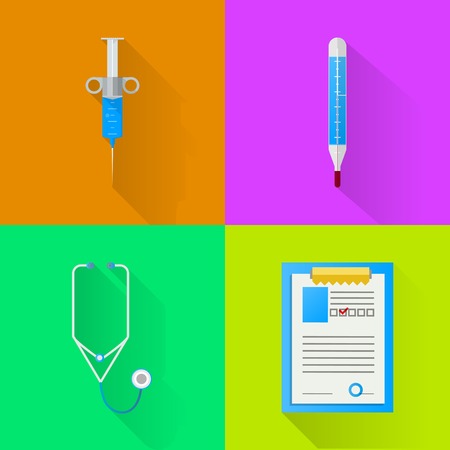 Set of colored flat square vector icons for equipment for doctor.のイラスト素材