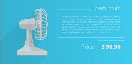 Flat vector illustration of gray fan a side view with sample text and price on blue background.のイラスト素材