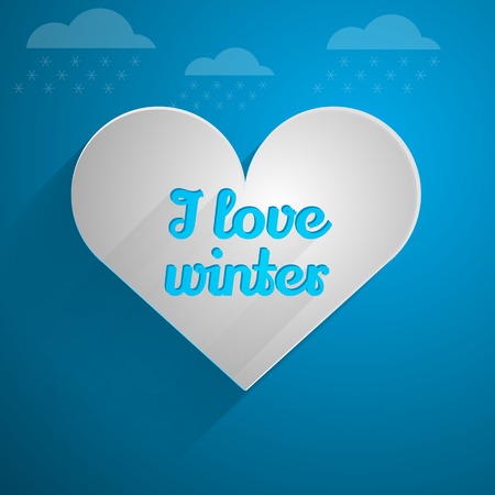 Single gray heart with blue words I Love Winter on blue background with snow cloudsのイラスト素材