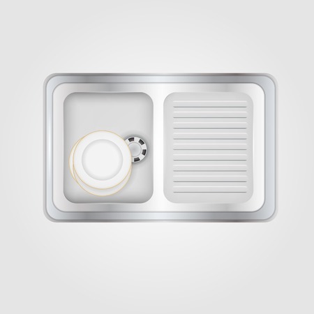 Metallic kitchen sink with white plates a top view. Isolated vector illustration on gray.のイラスト素材