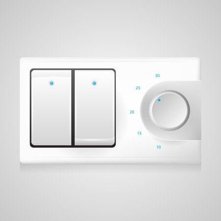 White modern double switch with black frame and circle dimmer with blue elements. Isolated vecotr illustration on gray background.のイラスト素材
