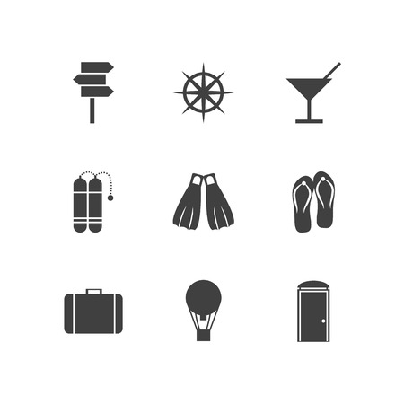 Set of black silhouette vector icons with elements for summer sea resort on white background.のイラスト素材