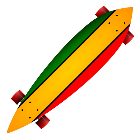 Leaf form wooden long board with red, yellow and green stripes and red wheels. Single isolated illustration on white background.のイラスト素材