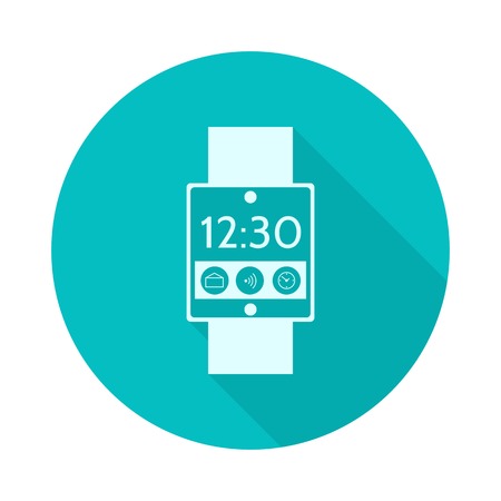 Single circle blue flat icon with white silhouette smart watch and long shadow effectのイラスト素材