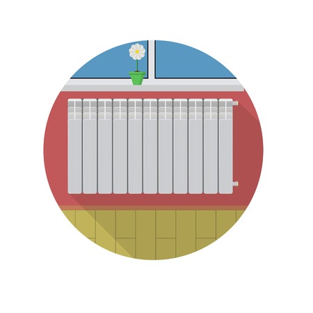 Heater radiator over windowsill and flower pot. Flat circle colored icon on white background.のイラスト素材