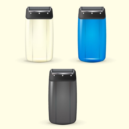 Set of blue, gray and white electric shavers. Three isolated vector illustrations on white background.のイラスト素材