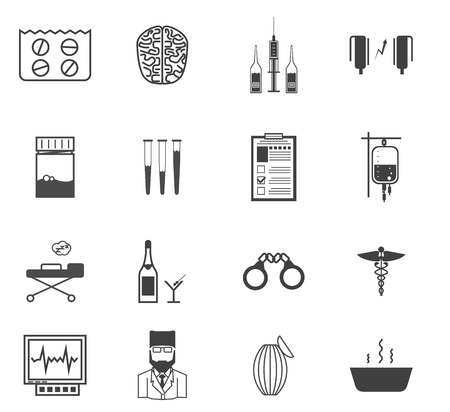 Set of black vector icons with symbols of elements for psychiatry and narcology on white background.のイラスト素材