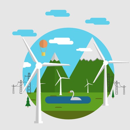 Flat concept vector illustration with icons of ecology and alternative energy on gray background.のイラスト素材