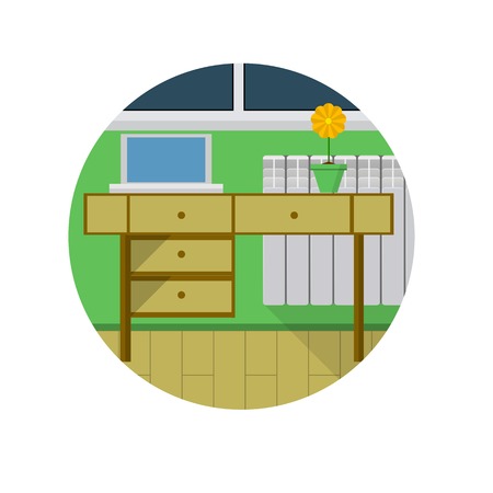 Workplace with laptop and green flower pot on at the window with radiator. Home office interior. Flat colored vector icon on white background.のイラスト素材