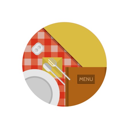 Table setting with white plate and cutlery and brown menu on the table with checkered red tablecloth a top view. Flat circle colored vector icon for cafe or restaurant or other catering on white background.のイラスト素材