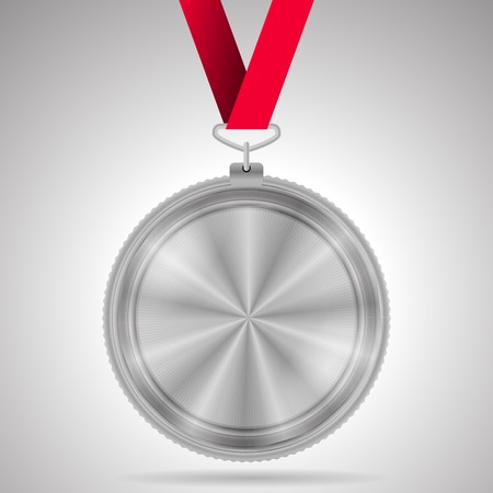 Shiny silver second place medal with red ribbon. Isolated illustration on white background.のイラスト素材