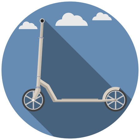 Flat circle vector icon with gray kick scooter on blue sky backgroundのイラスト素材