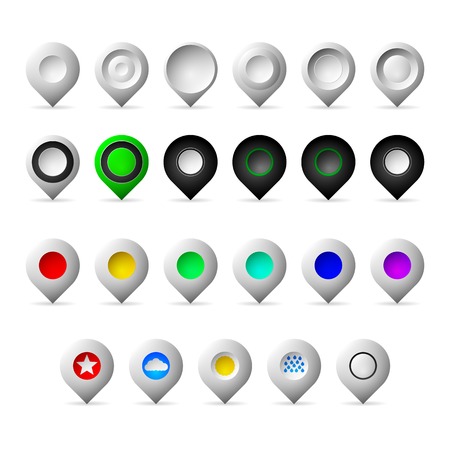 Icons vector collection of different markers geolocation - gray empty, black, colored and with weather symbols. Isolated on white background.のイラスト素材