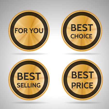 Set of golden medal stickers for business with promotional offer. Isolated vector illustrations on gray background.のイラスト素材