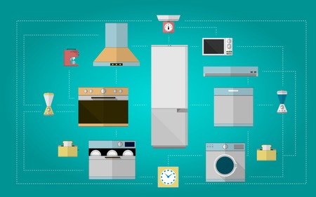 Set design of colored flat vector icons for home with kitchen equipment on blue background.のイラスト素材