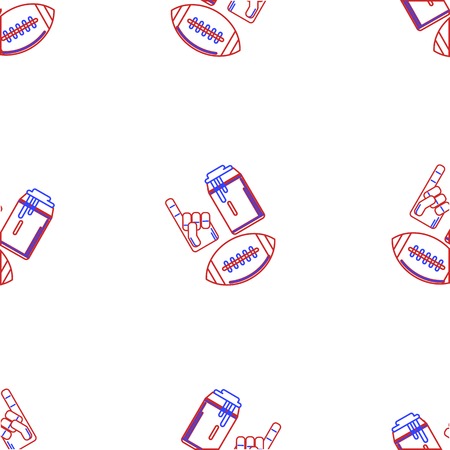 Seamless vector pattern with contour ball, glove and some beverage for American football fan in blue and red colours on white background.のイラスト素材