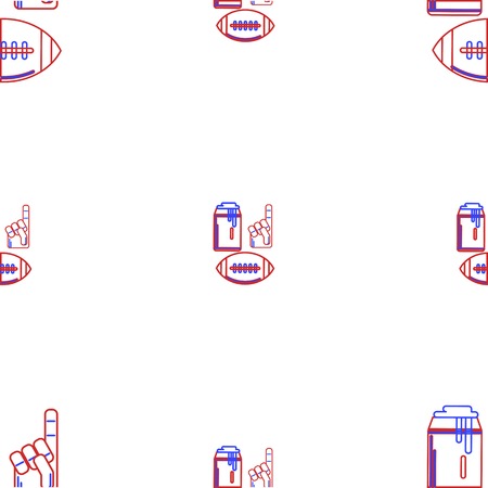 Seamless vector pattern with contour ball, glove and some beverage for American football fan in blue and red colours on white background.のイラスト素材