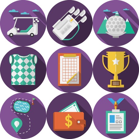 Vector collection of circle purple flat icons with long shadows with colored elements for golf on white background.のイラスト素材