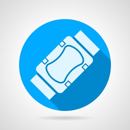 Blue round vector icon with white silhouette sport knee or elbow support on gray background. Flat design with shadow.のイラスト素材