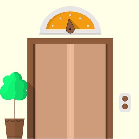 Flat colorful icon for hotel with closed doors elevator with yellow arrow elevator scoreboard vintage design and flower pot on white background.のイラスト素材