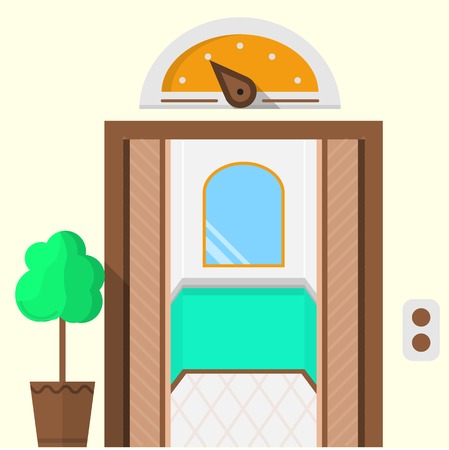 Flat colorful icon for hotel with opened doors elevator with mirror inside, yellow arrow elevator scoreboard vintage design and flower pot on white background.のイラスト素材