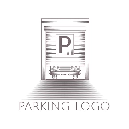 Design element with gray garage door with parking sign vintage line style icon with sample text for some business on white backgroundのイラスト素材
