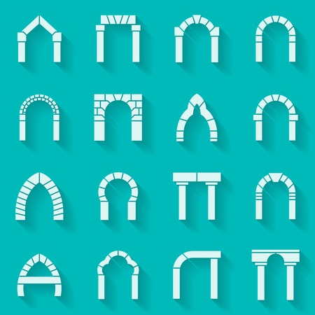Set of white silhouette flat icons for different types and shape arches with shadow on blue backgroundのイラスト素材
