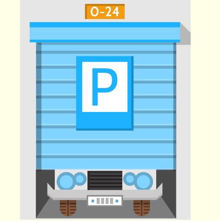 Flat colorful icon for around the clock parking with blue horizontal doors with parking sign on gray background.のイラスト素材