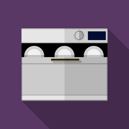 Flat vector icon for gray modern dishwasher machine with plates a front view on purple background. Long shadow design.のイラスト素材