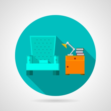 Round blue flat vector icon for room interior with blue armchair and orange bedside table with books and lamp on. Long shadow design.のイラスト素材